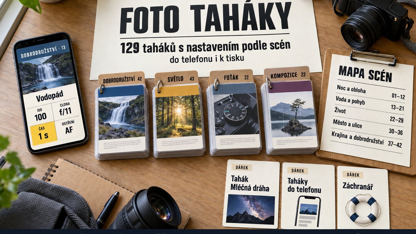 Celý balíček na stole: telefon s jedním tahákem, 129 taháků podle scén, Mapa scén a 3 dárky, vedle foťáku