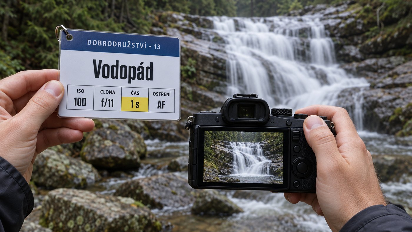 Ruka drží foťák před vodopádem, v druhé ruce tahák „Vodopád“ se čtyřmi čísly